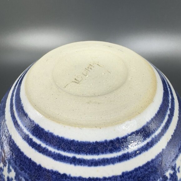 Vintage Hand Made Stoneware Pottery Dish Bowl Hand Glazed Blue Sponge ware Bowl - Picture 7 of 15